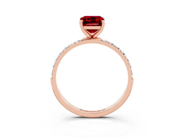 Rose gold Emerald Cut Ruby Solitaire Ring with Round  Pavé Band and Prong Setting