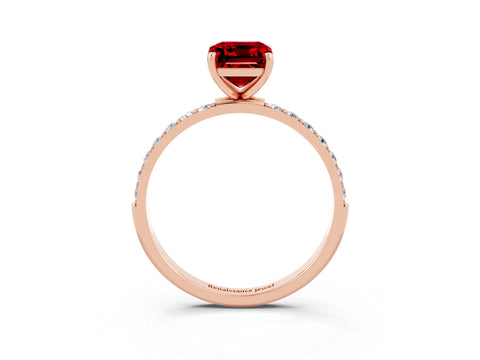 Rose gold Emerald Cut Ruby Solitaire Ring with Pave Band and Four Prong Setting_27