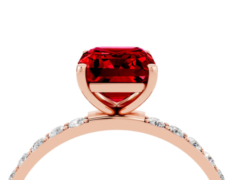 Rose gold Emerald Cut Ruby Solitaire Ring with Pave Band and Four Prong Setting_28