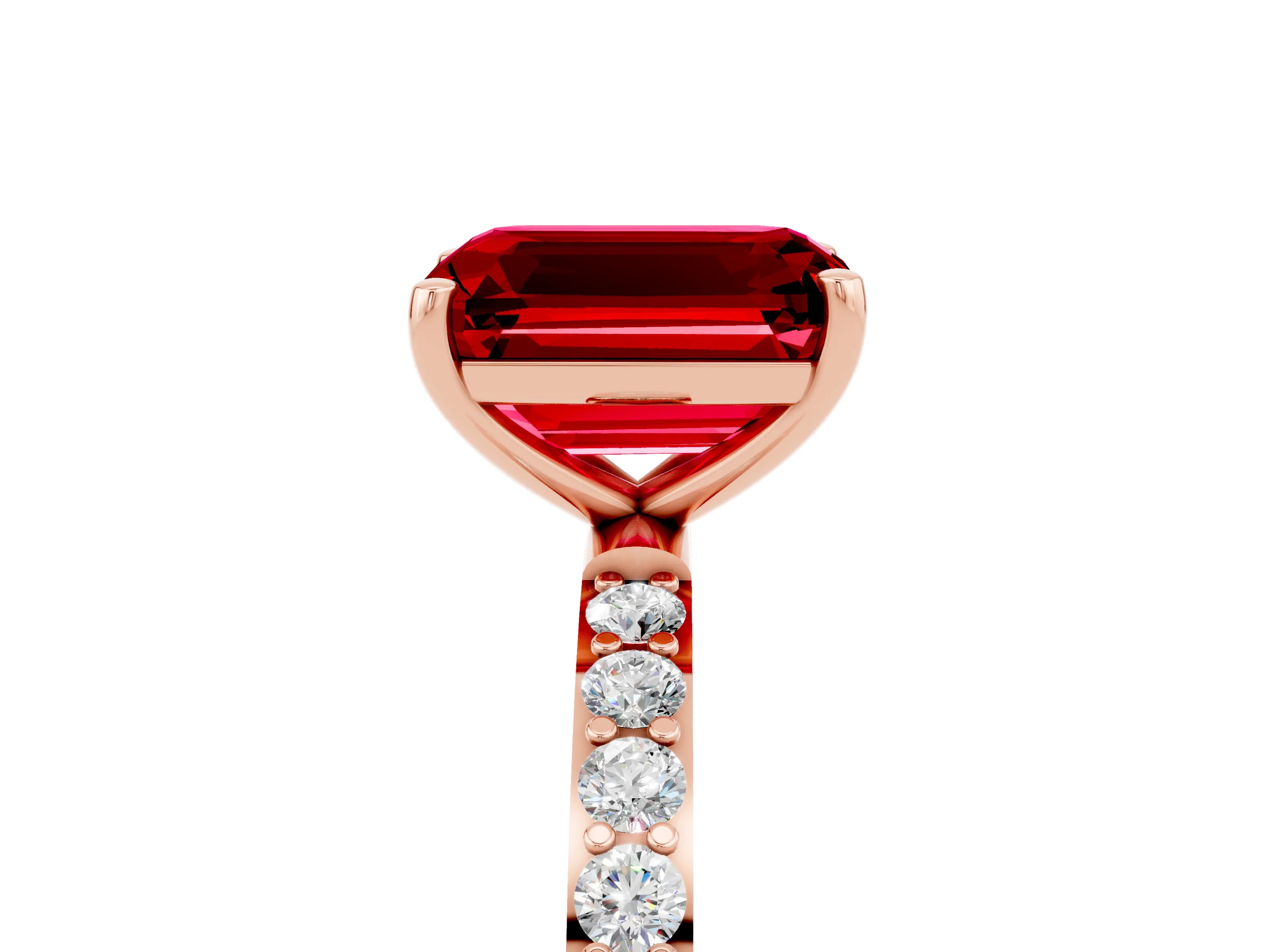 Rose gold Emerald Cut Ruby Solitaire Ring with Pave Band and Four Prong Setting_29