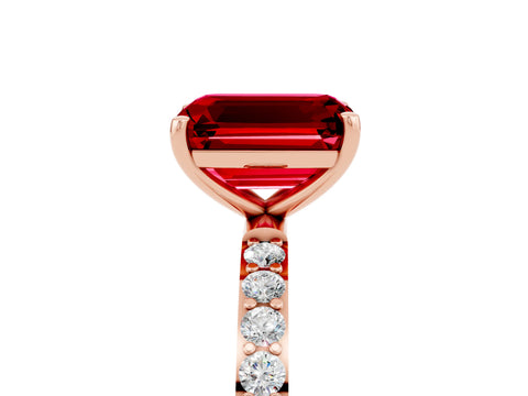 Rose gold Emerald Cut Ruby Solitaire Ring with Pave Band and Four Prong Setting_29