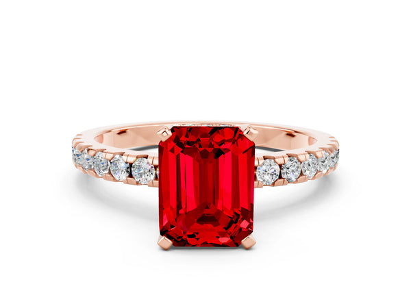 Rose gold Emerald Cut Ruby Solitaire Ring with Round  Pavé Band and Four-Prong Setting
