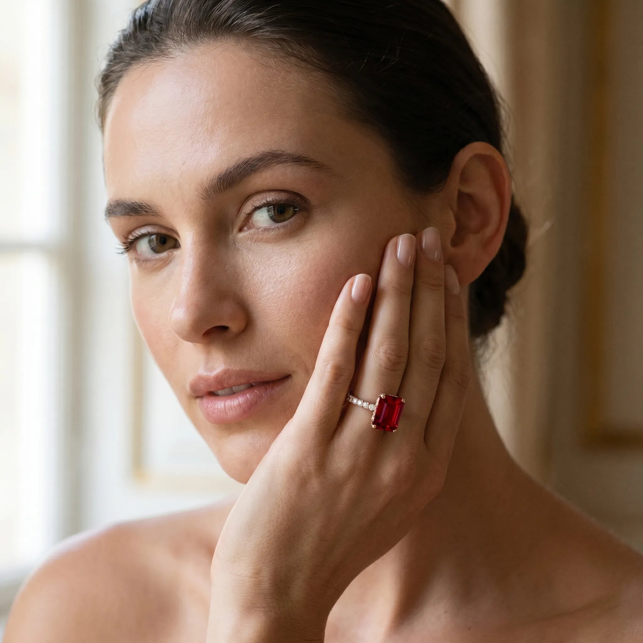 Rose gold Emerald Cut Ruby Solitaire Ring with Round  Pavé Band and Four-Prong Setting_43