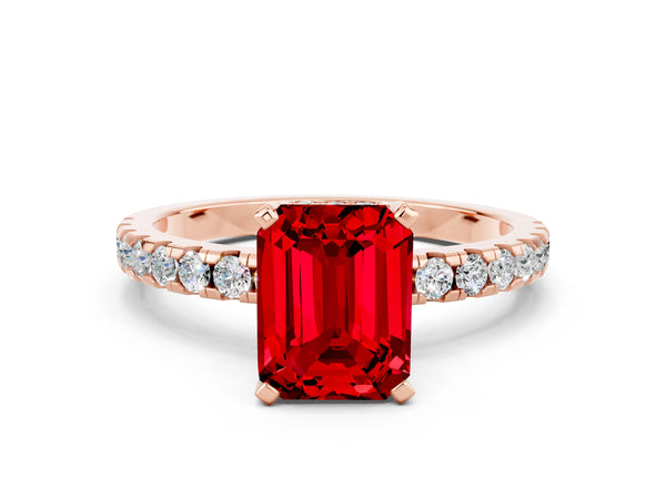 Rose Gold Emerald Cut Lab-Grown Ruby Hidden Halo Engagement Ring with Pave Band