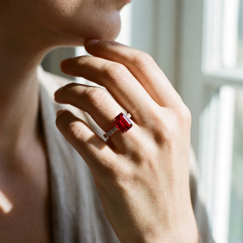 Rose gold Emerald Cut Ruby Solitaire Ring with Round  Pavé Band and Four-Prong Setting_44