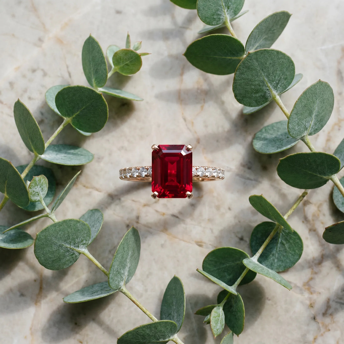 Rose gold Emerald Cut Ruby Solitaire Ring with Round  Pavé Band and Four-Prong Setting_45