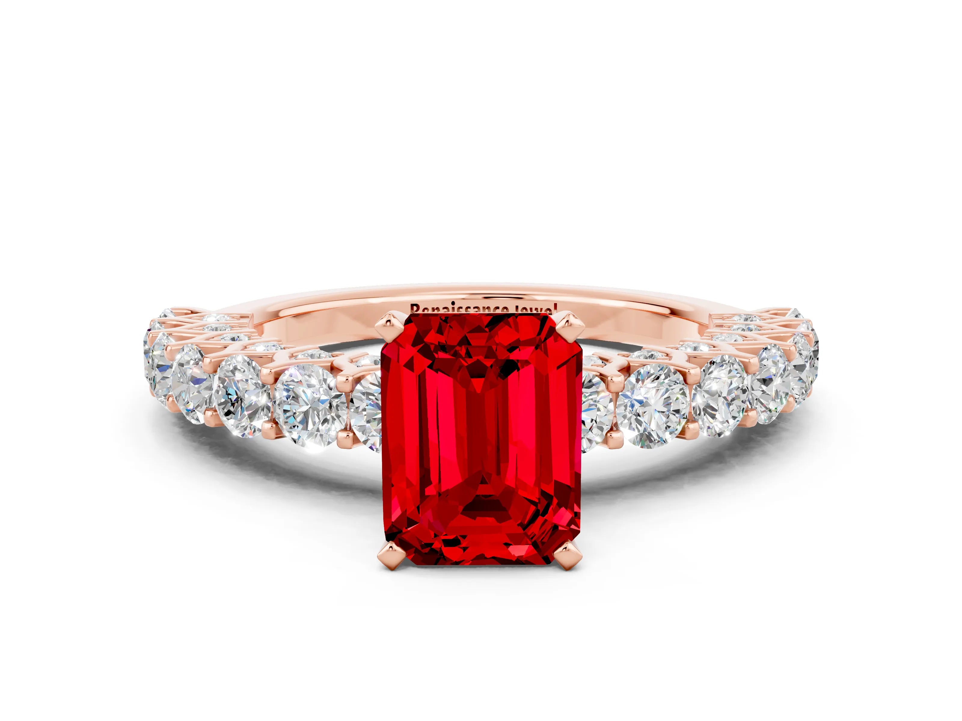 Rose gold Emerald Cut Ruby Solitaire Ring with Shared Prong Pavé Band and Four-Prong Setting