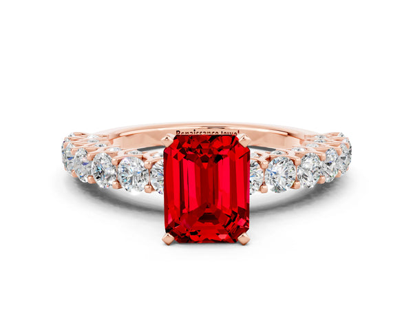 Rose gold Emerald Cut Ruby Solitaire Ring with Shared Prong Pavé Band and Four-Prong Setting