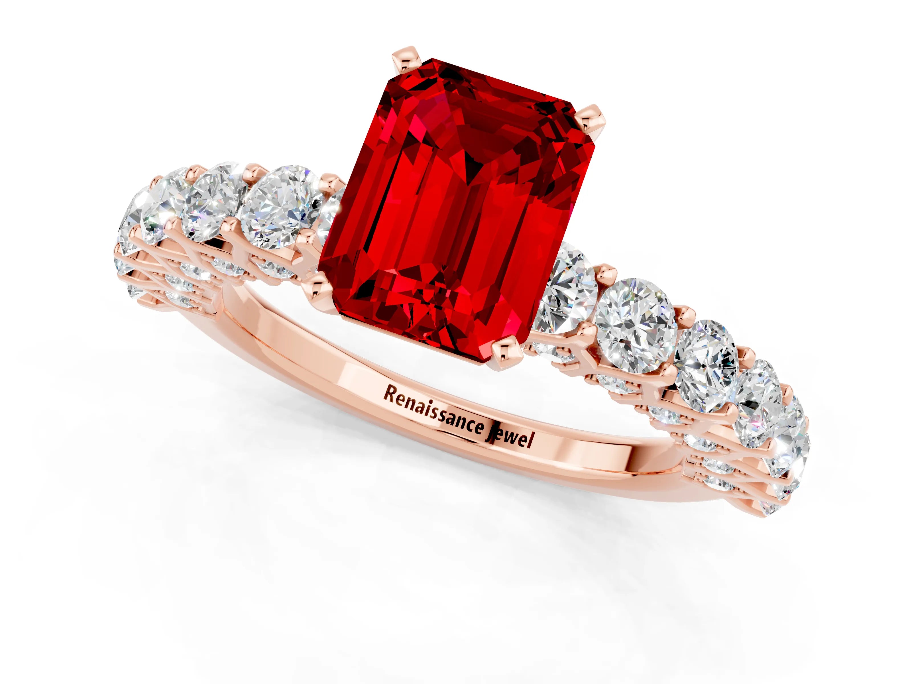 Rose gold Emerald Cut Ruby Solitaire Ring with Shared Prong Pavé Band and Four-Prong Setting_1