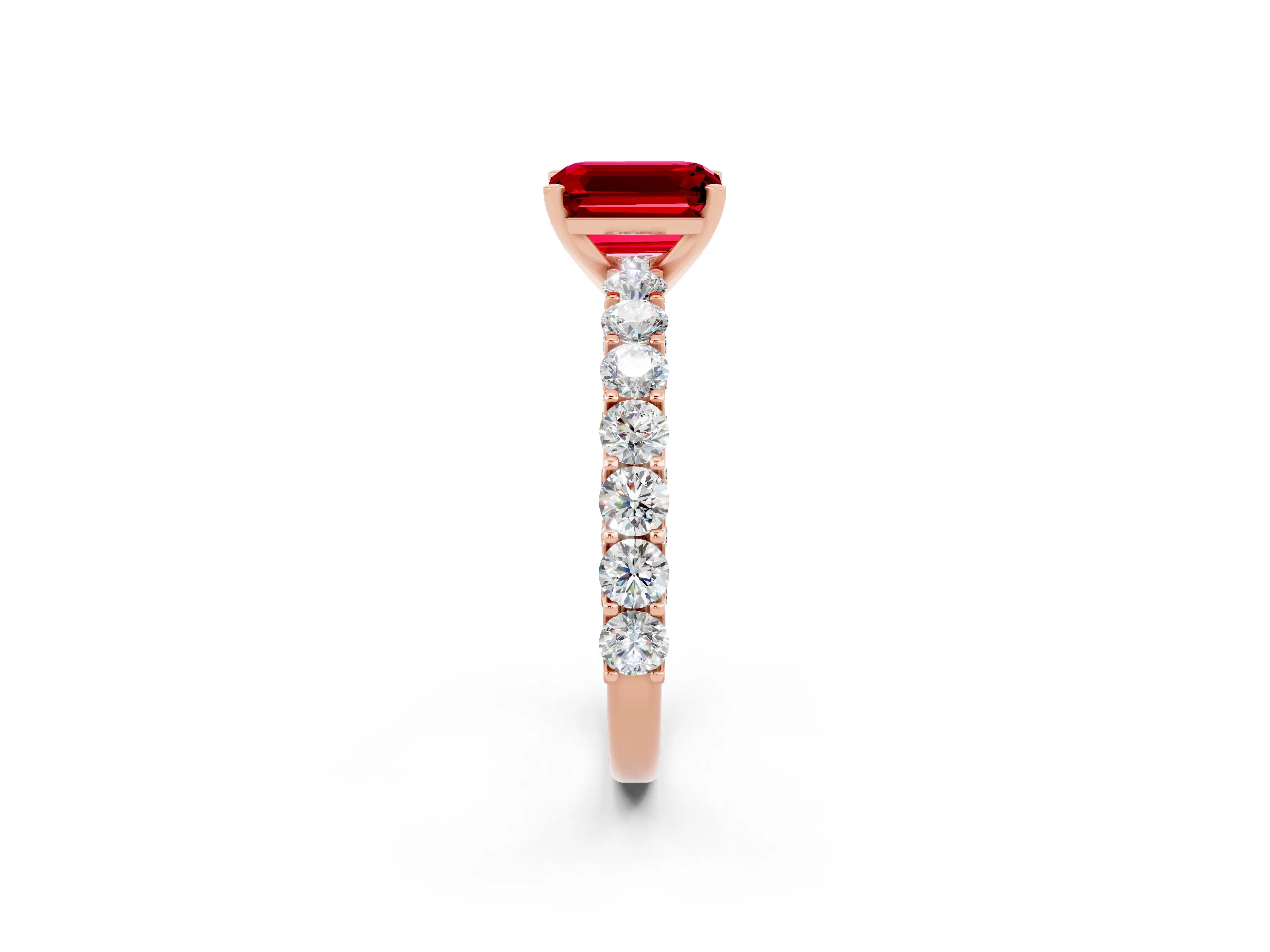 Rose gold Emerald Cut Ruby Solitaire Ring with Shared Prong Pavé Band and Four-Prong Setting_2