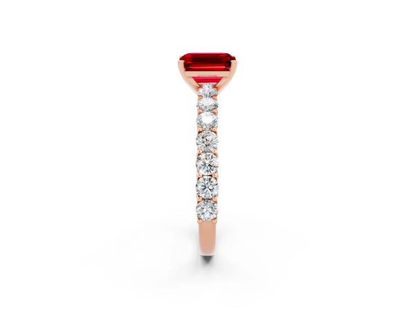 Rose gold Emerald Cut Ruby Solitaire Ring with Shared Prong Pavé Band and Four-Prong Setting