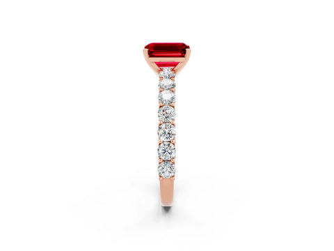 Rose gold Emerald Cut Ruby Solitaire Ring with Shared Prong Pavé Band and Four-Prong Setting_2