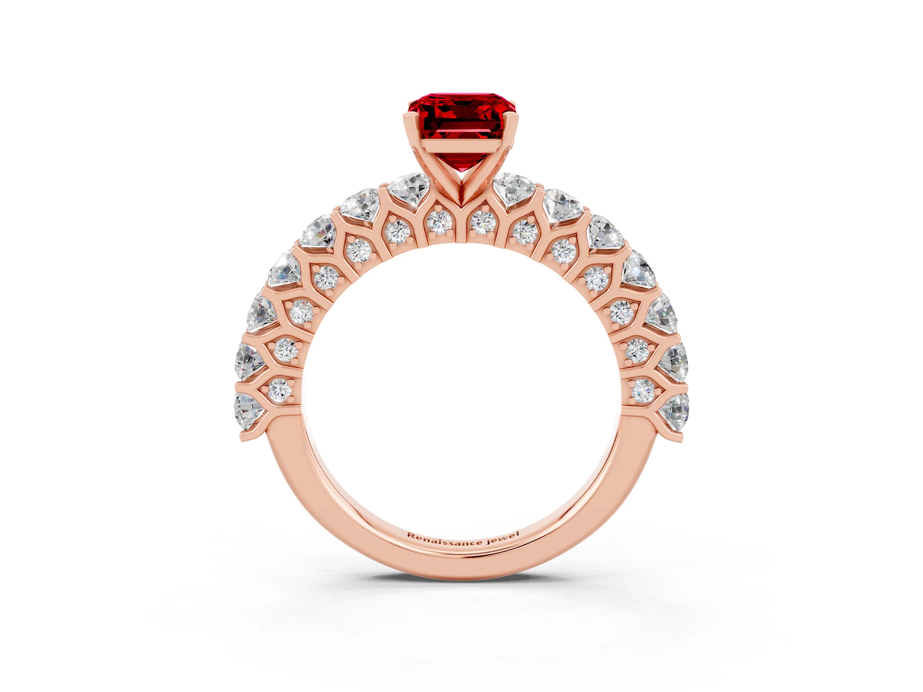 Rose gold Emerald Cut Ruby Solitaire Ring with Shared Prong Pavé Band and Four-Prong Setting_3