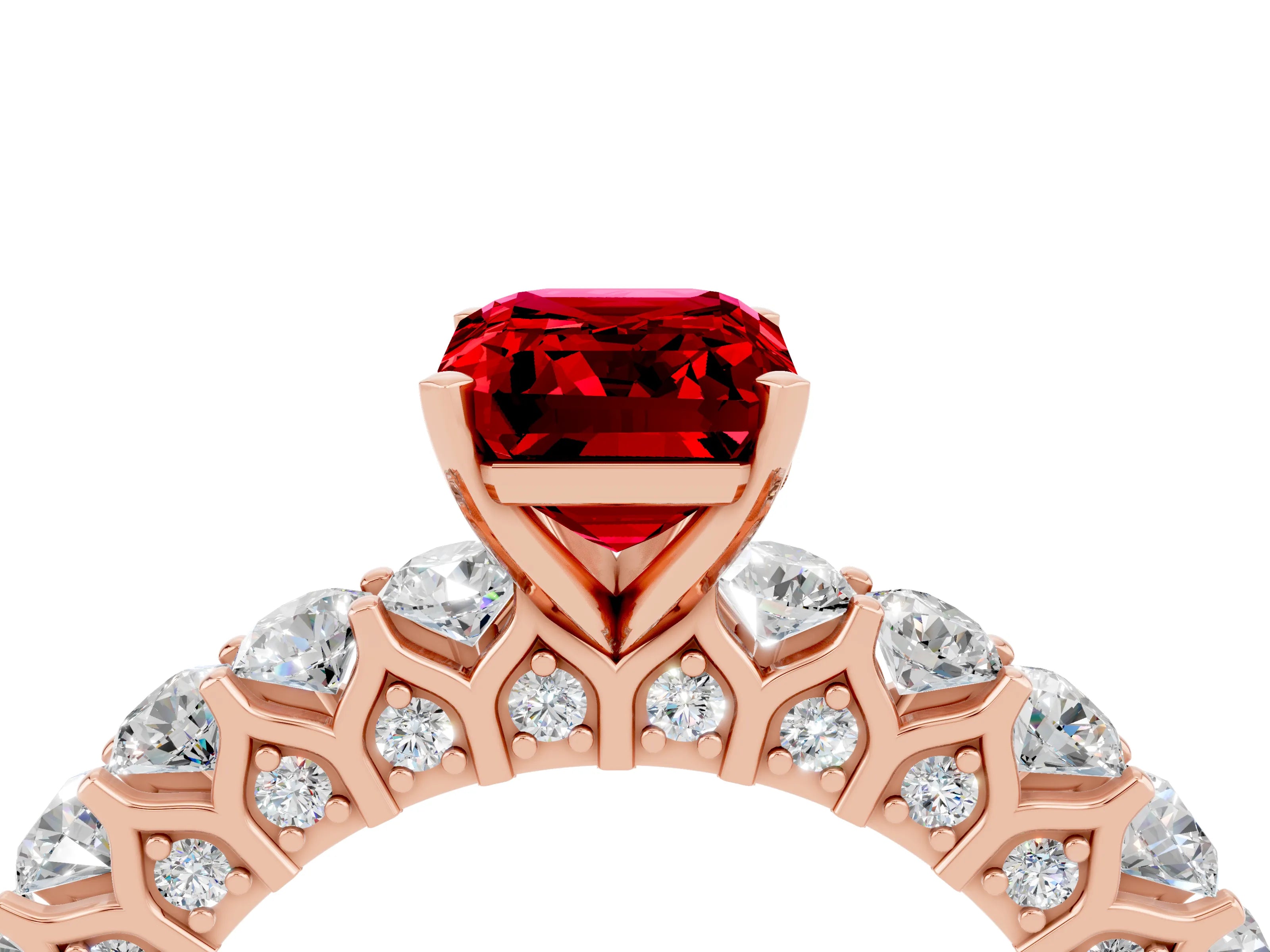 Rose gold Emerald Cut Ruby Solitaire Ring with Shared Prong Pavé Band and Four-Prong Setting_4
