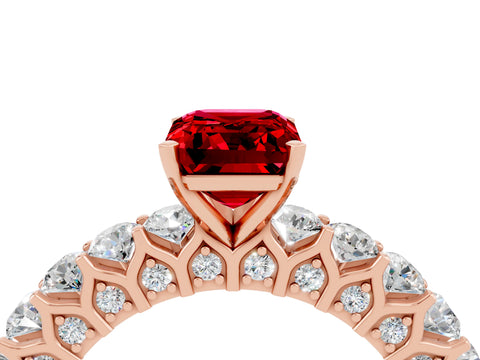 Rose gold Emerald Cut Ruby Solitaire Ring with Shared Prong Pavé Band and Four-Prong Setting_4