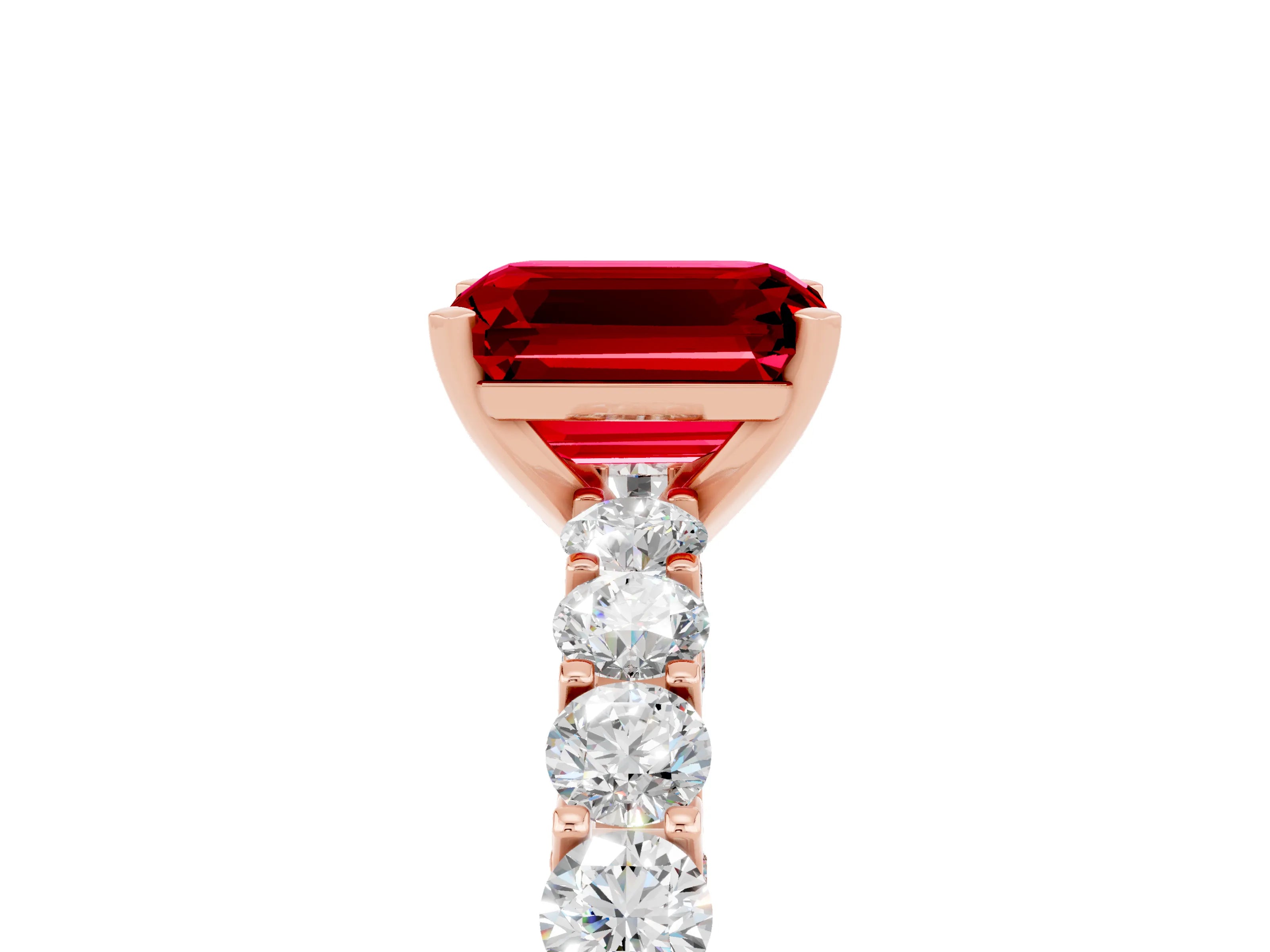 Rose gold Emerald Cut Ruby Solitaire Ring with Shared Prong Pavé Band and Four-Prong Setting_5