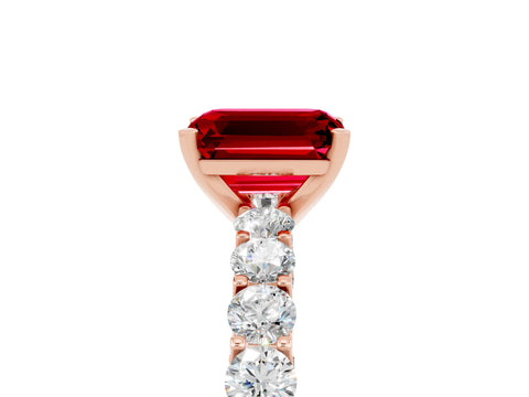Rose gold Emerald Cut Ruby Solitaire Ring with Shared Prong Pavé Band and Four-Prong Setting_5