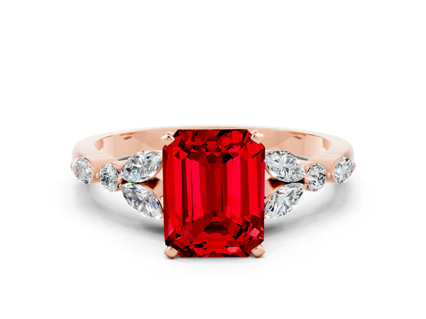 Rose gold Emerald Cut Ruby Solitaire Ring with Side Stones and Four-Prong Setting