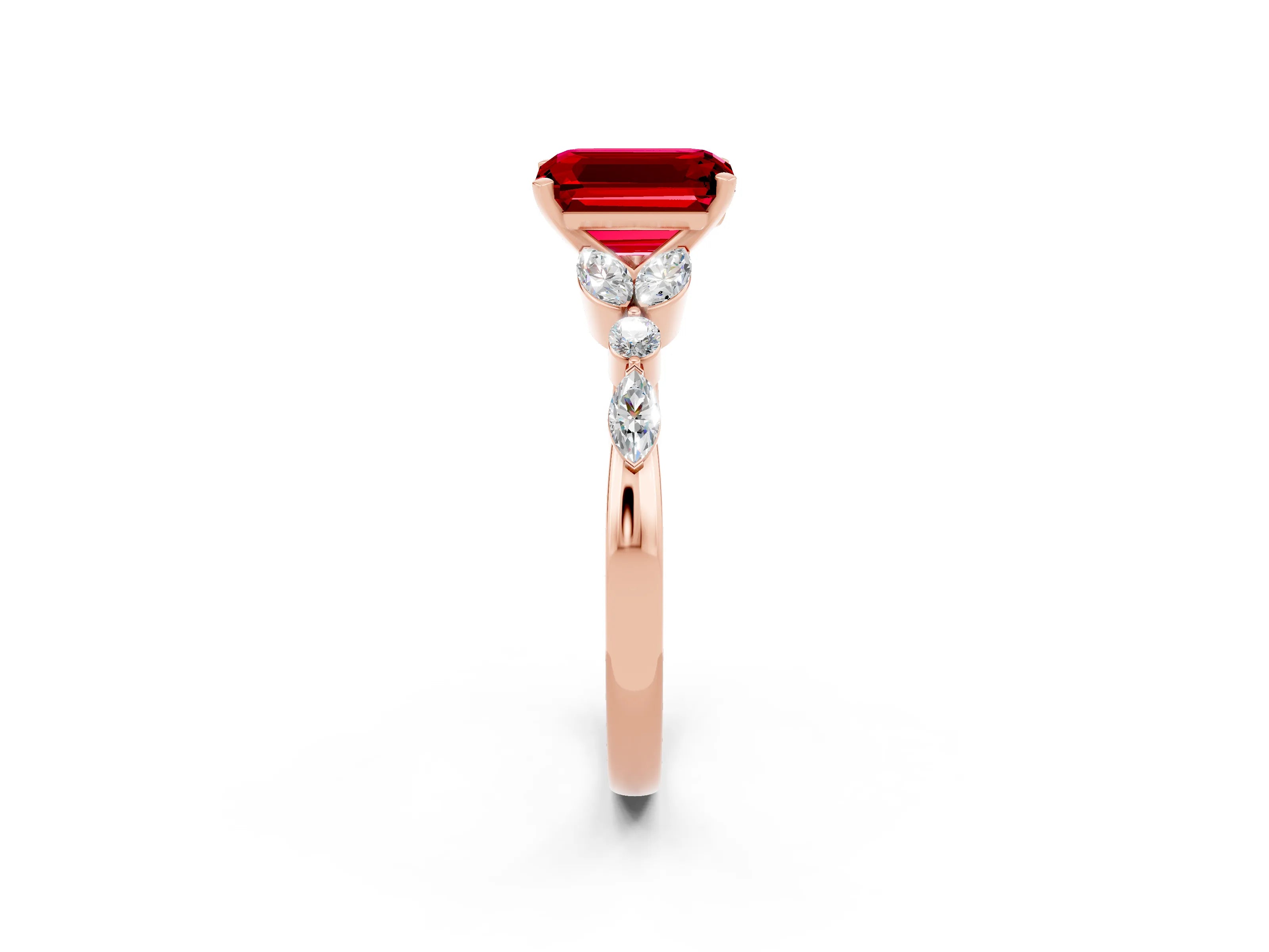 Rose gold Emerald Cut Ruby Solitaire Ring with Side Stones and Four-Prong Setting_14