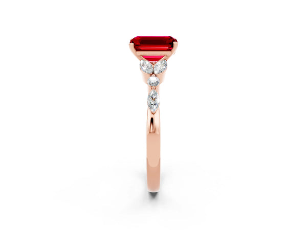 Rose gold Emerald Cut Ruby Solitaire Ring with Side Stones and Four-Prong Setting