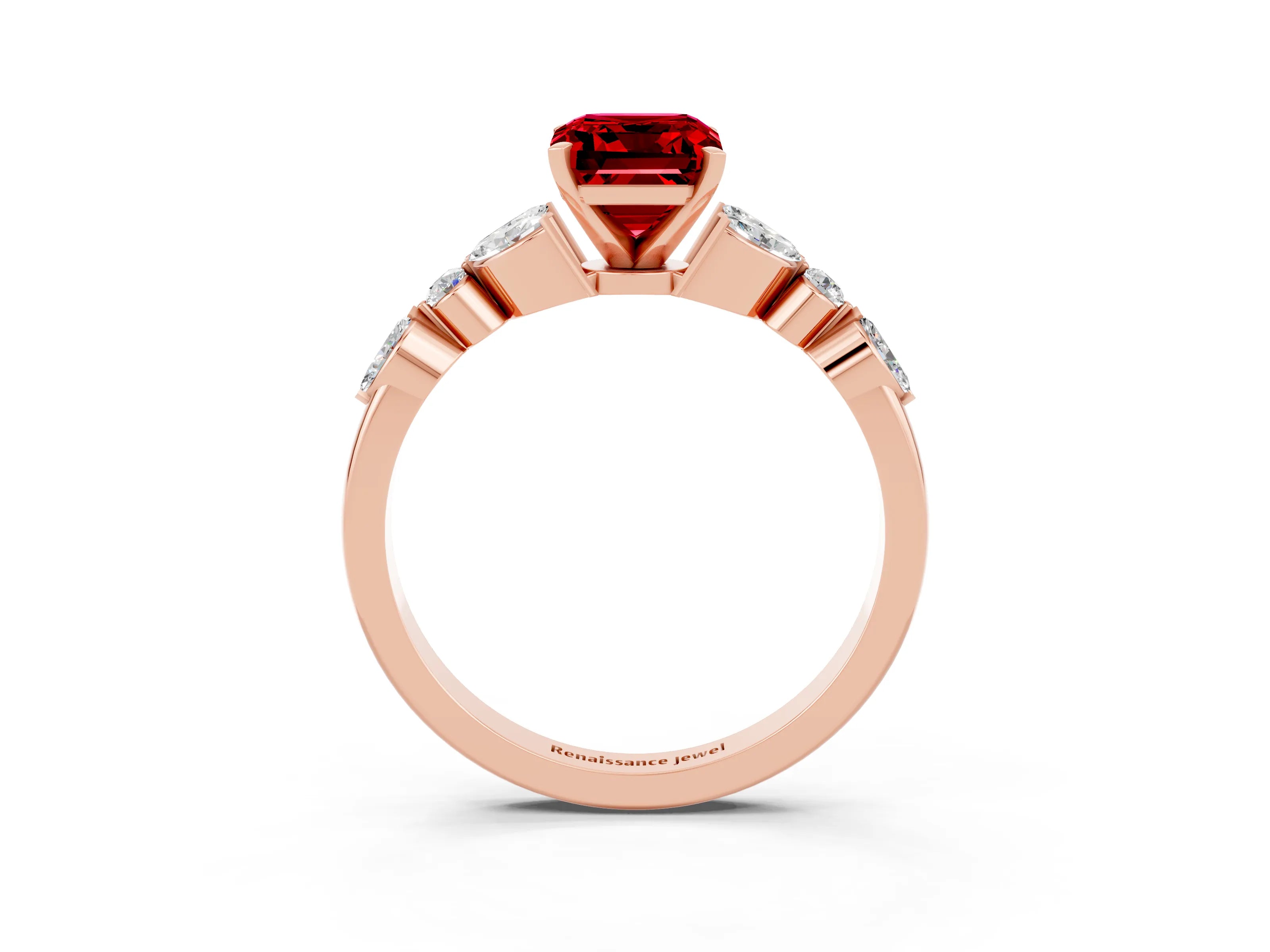 Rose gold Emerald Cut Ruby Solitaire Ring with Side Stones and Four-Prong Setting_15