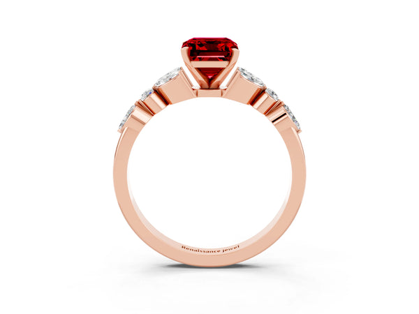 Rose gold Emerald Cut Ruby Solitaire Ring with Side Stones and Four-Prong Setting