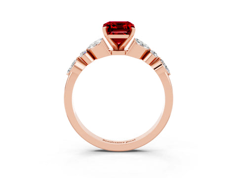 Rose gold Emerald Cut Ruby Solitaire Ring with Side Stones and Four-Prong Setting_15