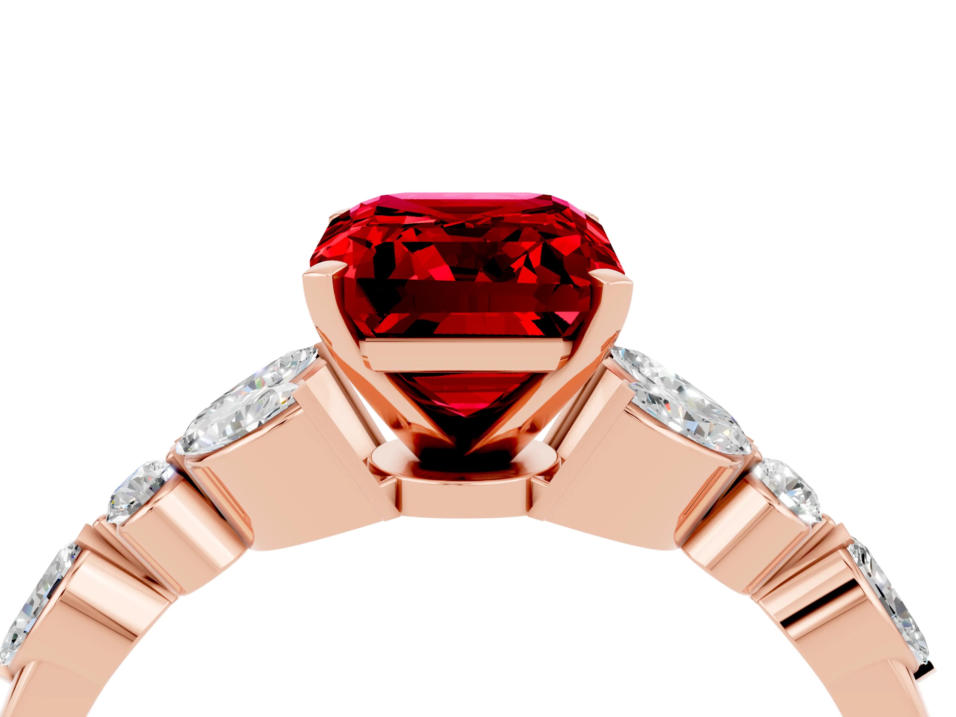 Rose gold Emerald Cut Ruby Solitaire Ring with Side Stones and Four-Prong Setting_16