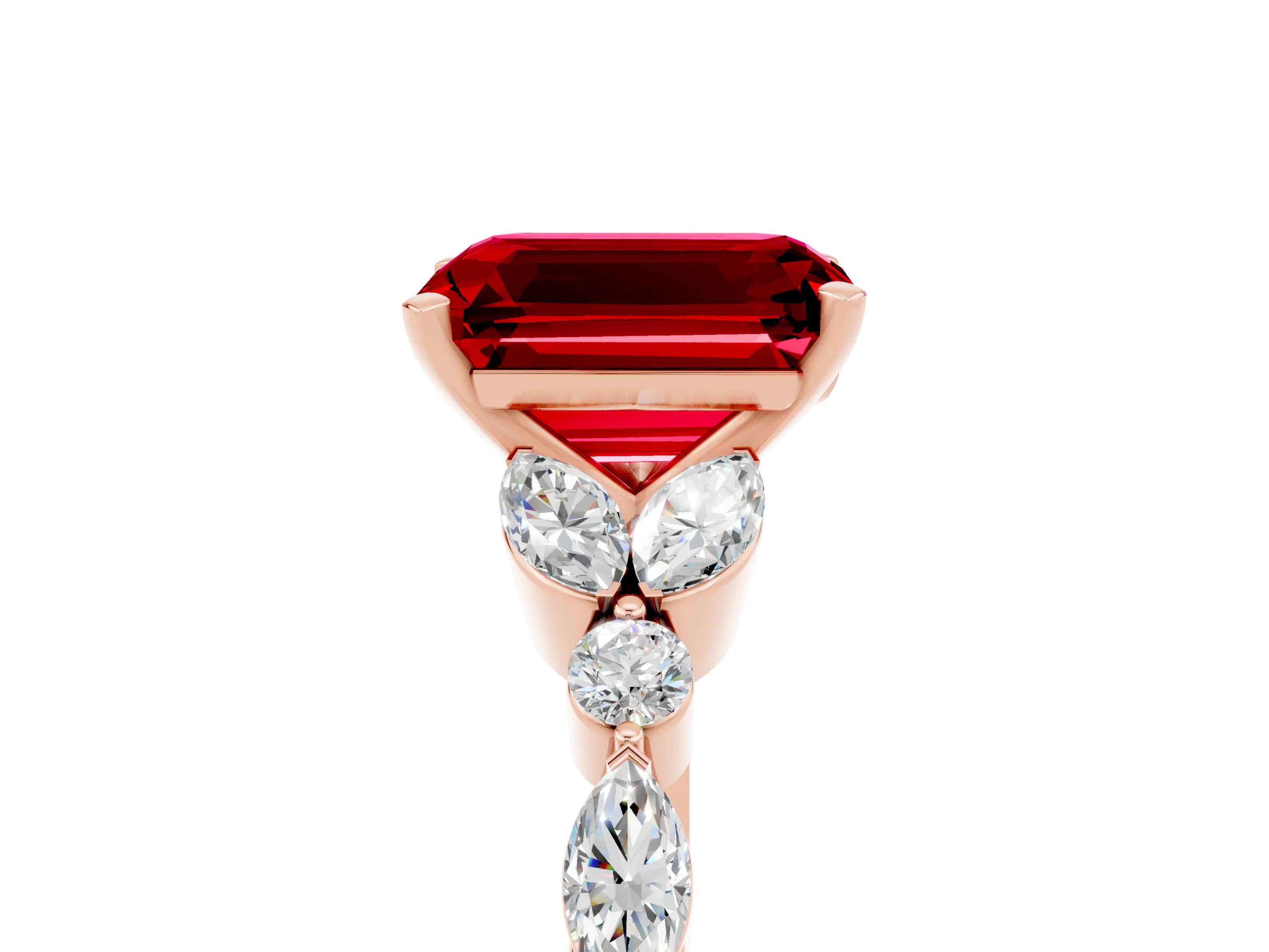 Rose gold Emerald Cut Ruby Solitaire Ring with Side Stones and Four-Prong Setting_17