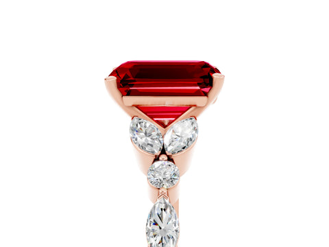 Rose gold Emerald Cut Ruby Solitaire Ring with Side Stones and Four-Prong Setting_17