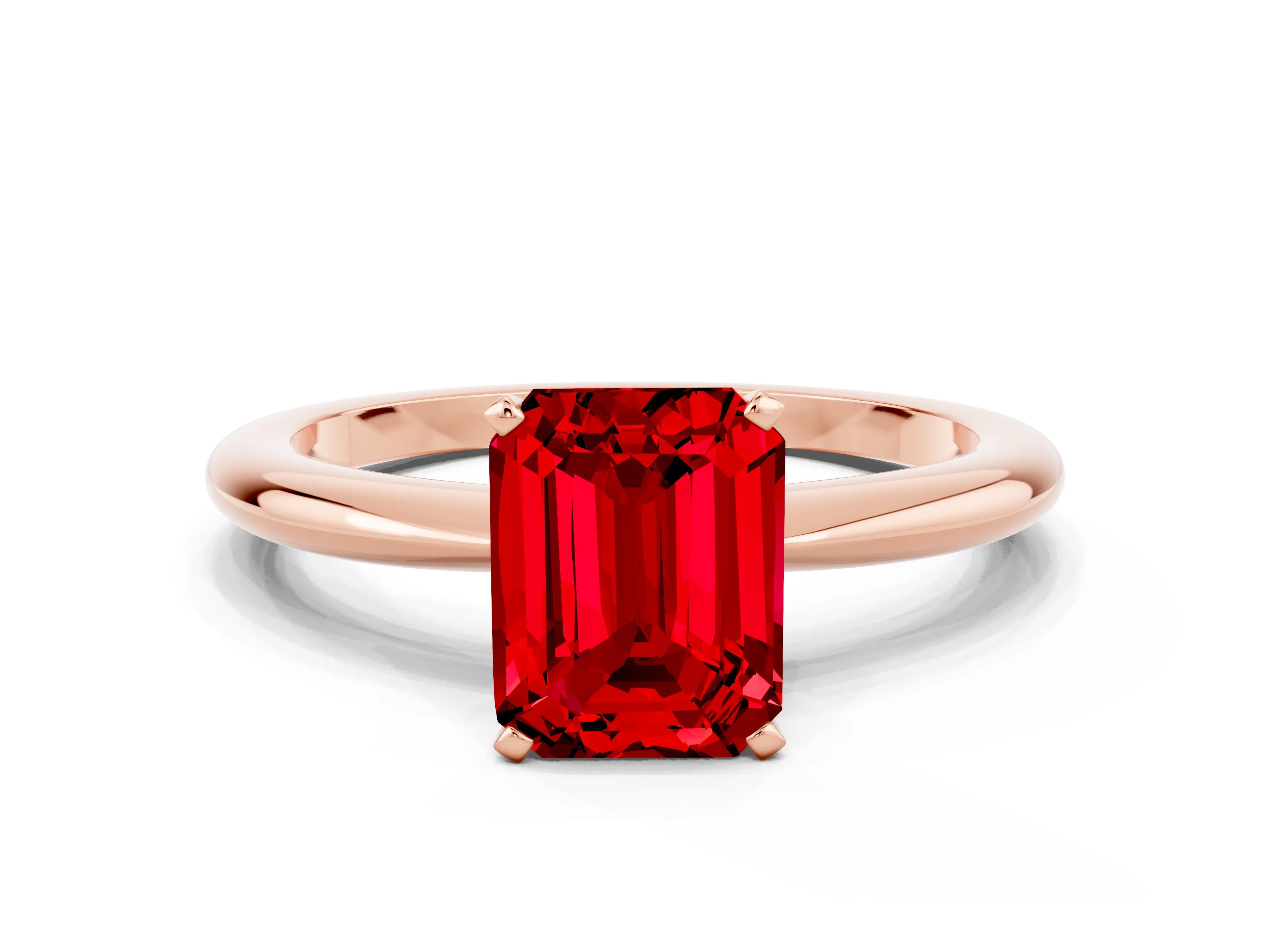 Rose gold Emerald Cut Ruby Solitaire Ring with Six-Prong Setting and Classic Band