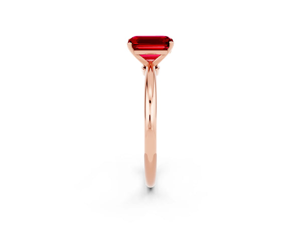 Rose gold Emerald Cut Ruby Solitaire Ring with Six-Prong Setting and Classic Band