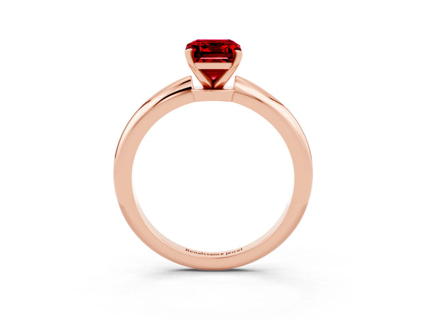 Rose gold Emerald Cut Ruby Solitaire Ring with Six-Prong Setting and Classic Band