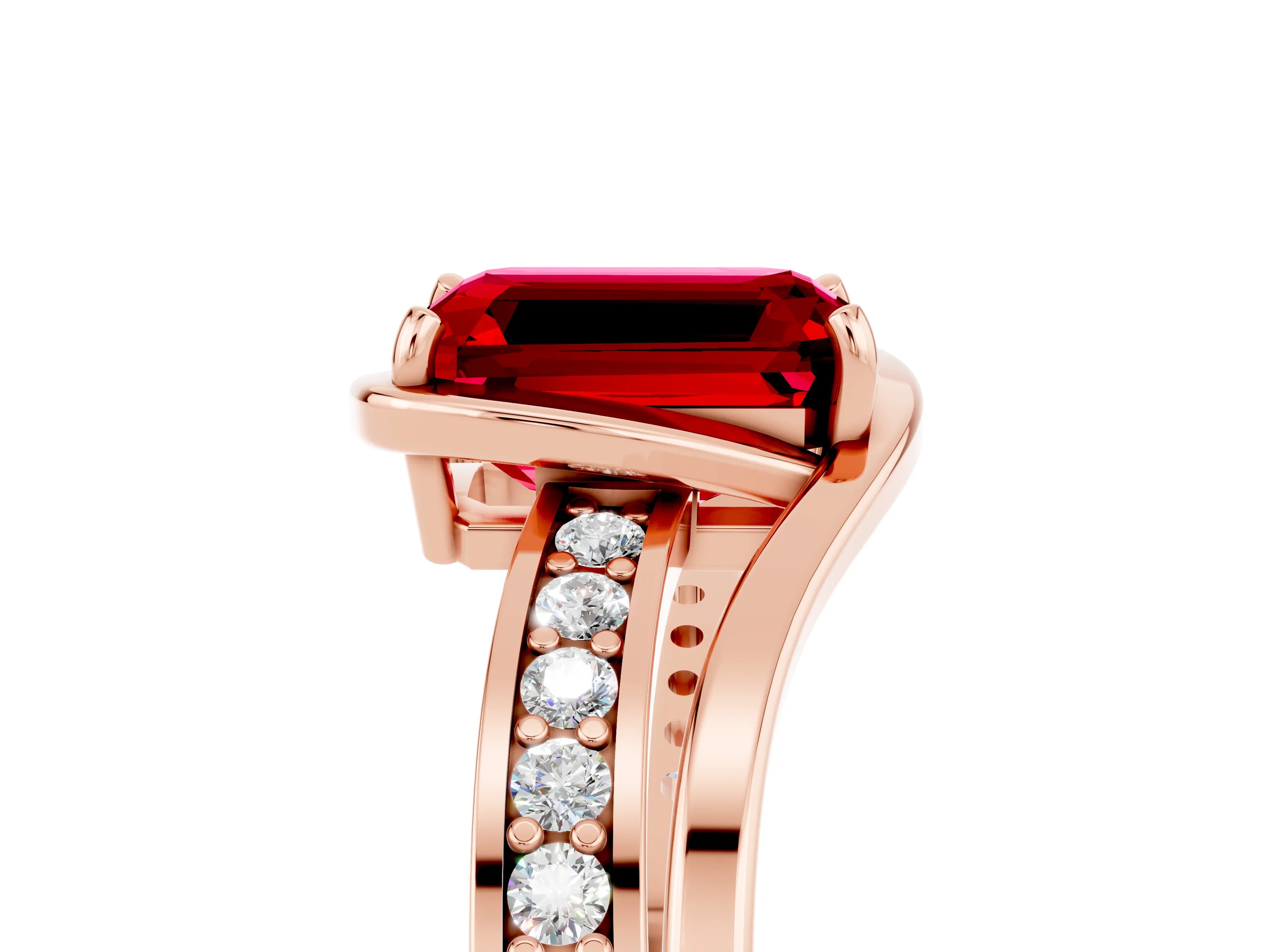 Rose gold Emerald Cut Ruby Solitaire Ring with Split Shank and Prong Setting_5