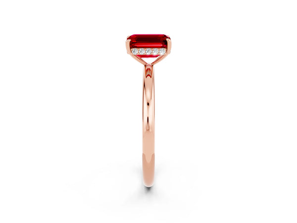 Rose gold Emerald Cut Ruby Solitaire Ring with Thin Band and Four-Prong Setting