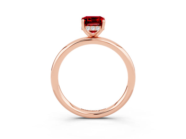 Rose gold Emerald Cut Ruby Solitaire Ring with Thin Band and Four-Prong Setting