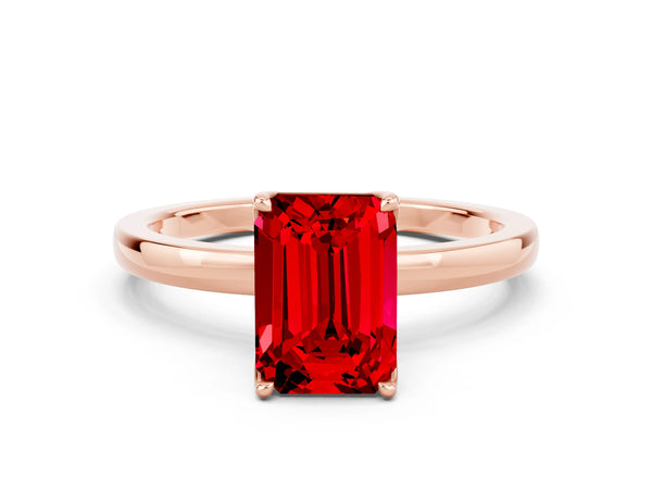 Rose gold Emerald Cut Ruby Solitaire Ring with Thin Band and Prong Setting