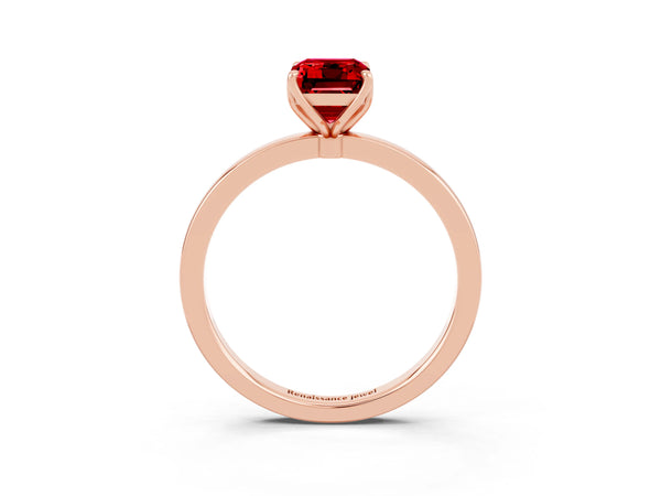 Rose gold Emerald Cut Ruby Solitaire Ring with Thin Band and Prong Setting