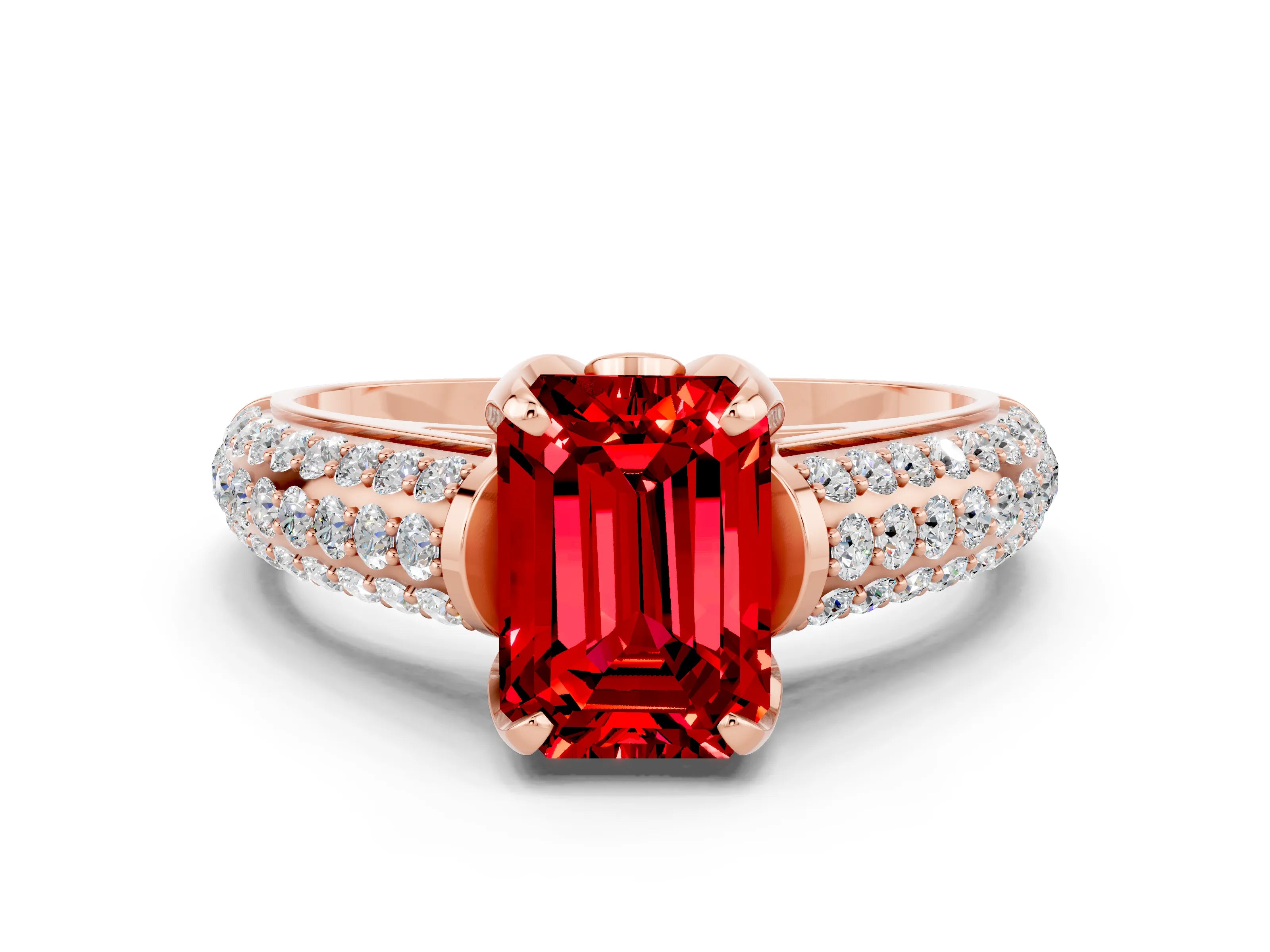 Rose gold Emerald Cut Ruby Solitaire Ring with Three-Row Pavé Band and Four-Prong Setting_12