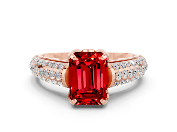 Rose gold Emerald Cut Ruby Solitaire Ring with Three-Row Pavé Band and Four-Prong Setting