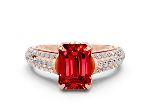 Rose gold Emerald Cut Ruby Solitaire Ring with Three-Row Pavé Band and Four-Prong Setting_12