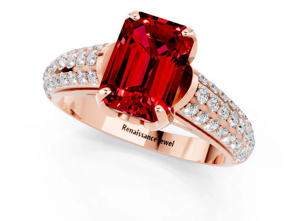 Rose gold Emerald Cut Ruby Solitaire Ring with Three-Row Pavé Band and Four-Prong Setting