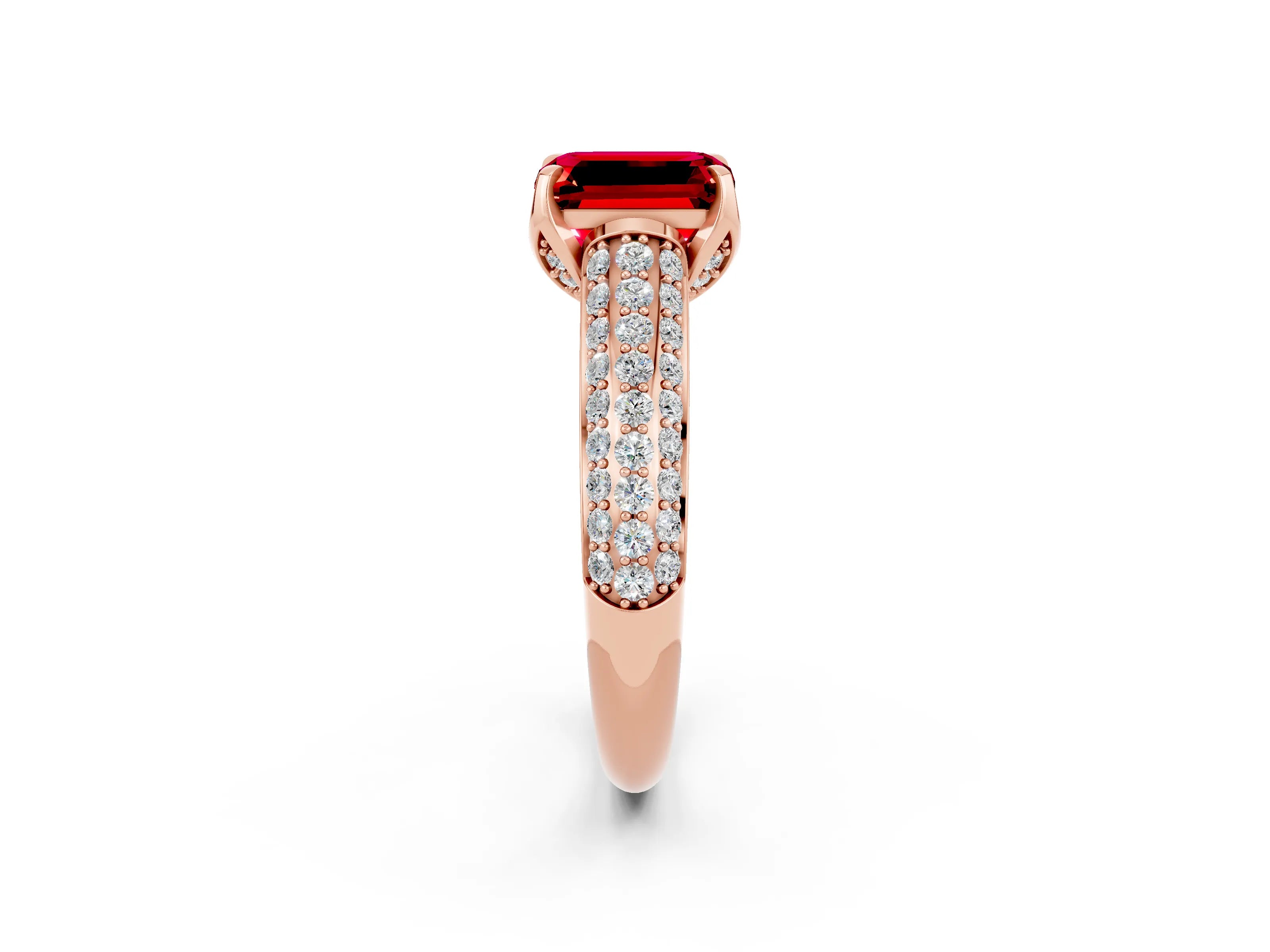Rose gold Emerald Cut Ruby Solitaire Ring with Three-Row Pavé Band and Four-Prong Setting_14