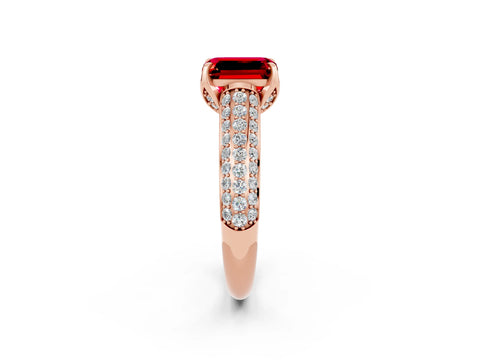 Rose gold Emerald Cut Ruby Solitaire Ring with Three-Row Pavé Band and Four-Prong Setting_14