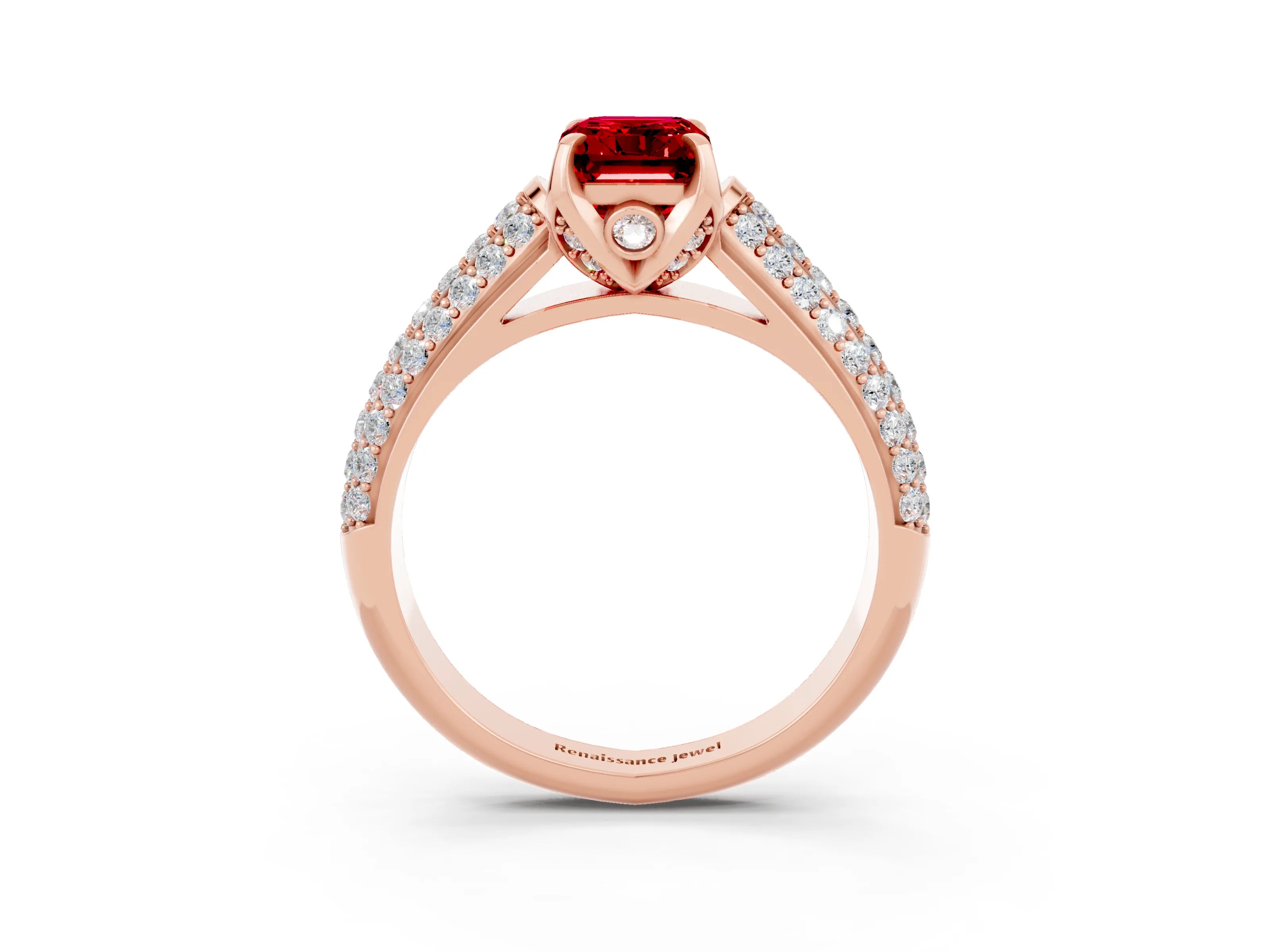 Rose gold Emerald Cut Ruby Solitaire Ring with Three-Row Pavé Band and Four-Prong Setting_15