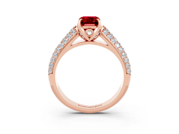 Rose gold Emerald Cut Ruby Solitaire Ring with Three-Row Pavé Band and Four-Prong Setting