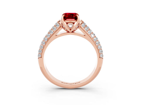 Rose gold Emerald Cut Ruby Solitaire Ring with Three-Row Pavé Band and Four-Prong Setting_15