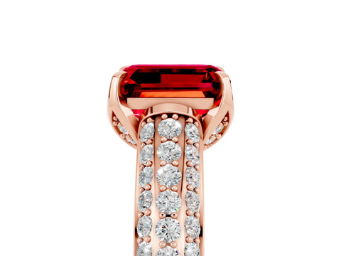Rose gold Emerald Cut Ruby Solitaire Ring with Three-Row Pavé Band and Four-Prong Setting_17