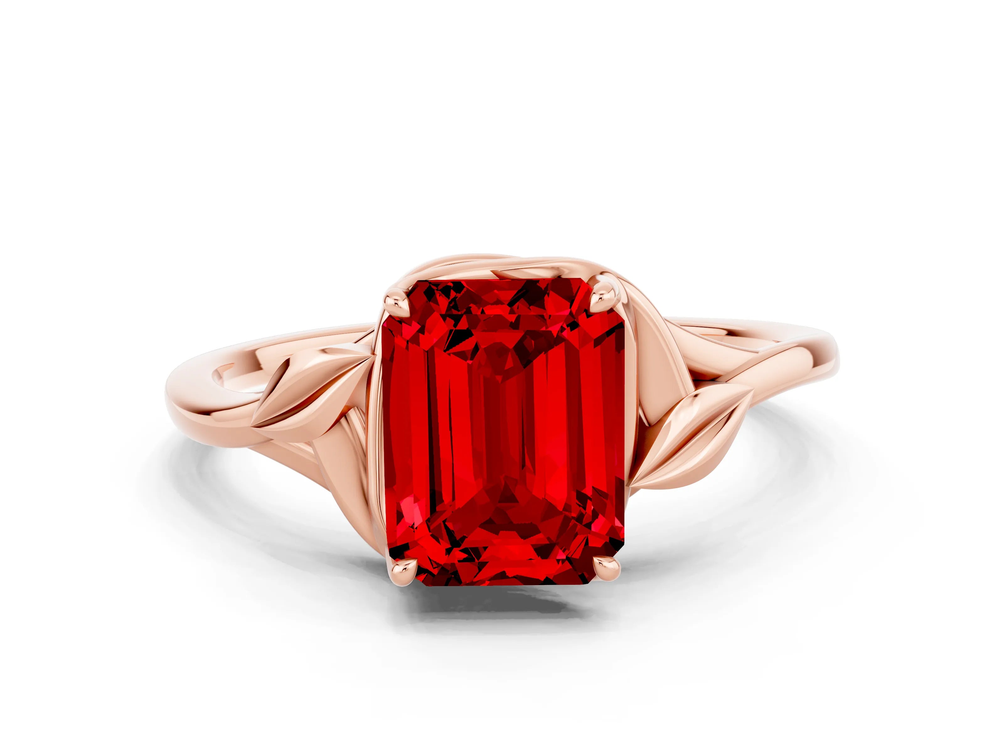 Rose gold Emerald Cut Ruby Solitaire Ring with Twist Band and Four-Prong Setting_24