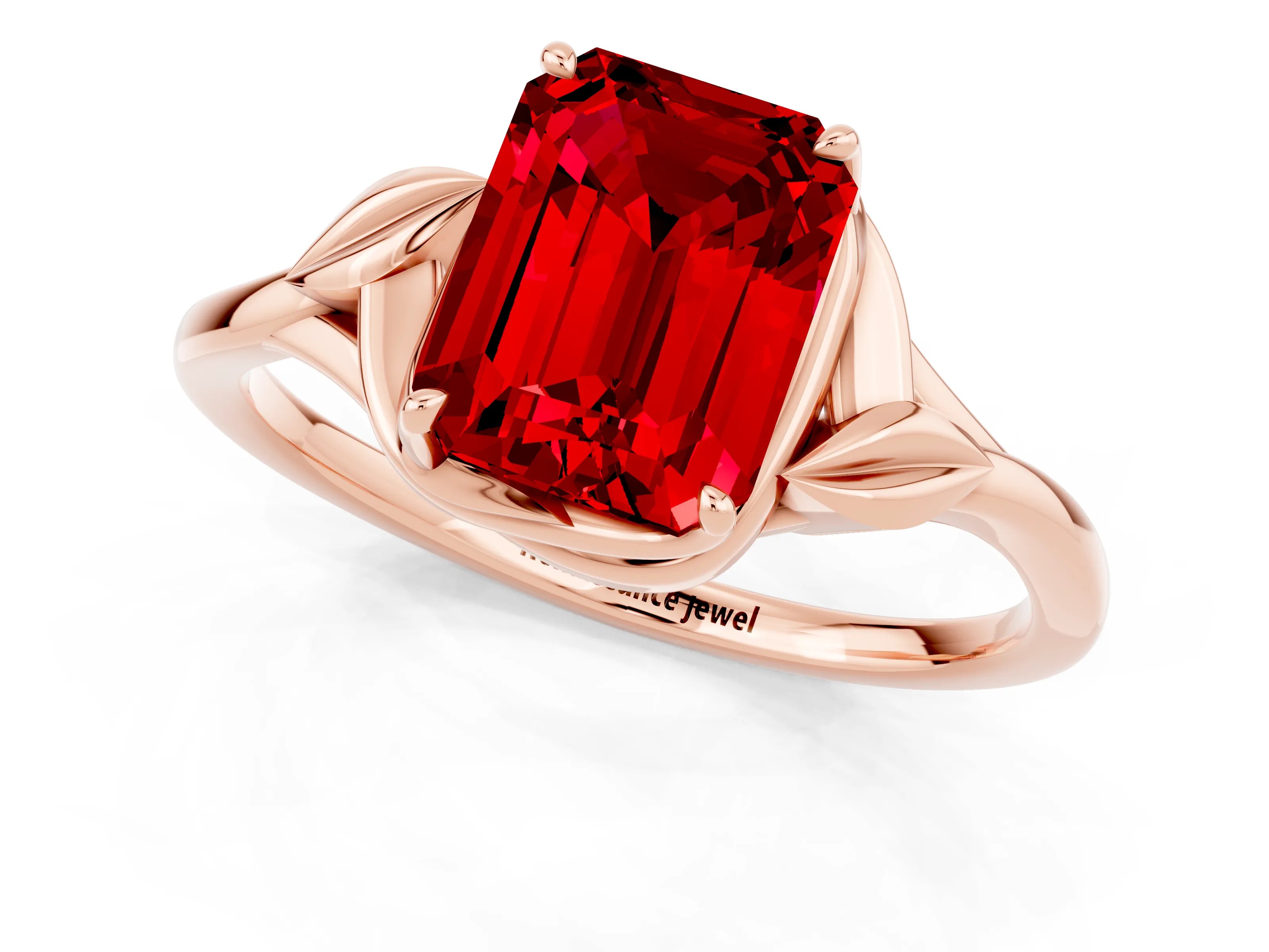 Rose gold Emerald Cut Ruby Solitaire Ring with Twist Band and Four-Prong Setting_25